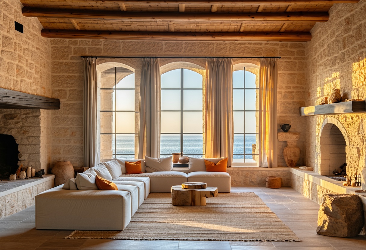 Modern Mediterranean villa interior with vaulted stone ceiling, arched windows, and panoramic sea-view light
